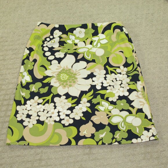 Vintage J. Crew Skirt Floral Pencil Size 2 Green Tan Poplin Woven - Picture 1 of 5